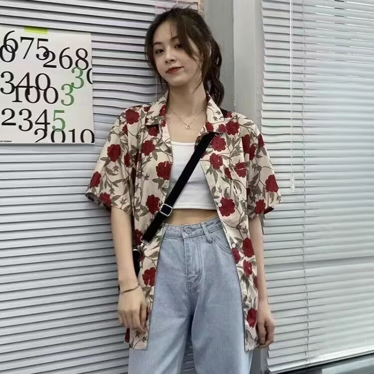 2025新款港风复古印花短袖衬衫女韩版宽松小众设计感学生雪纺衬衣,男装T恤,星座506A