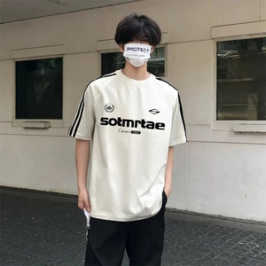 抖音得物高品质二开240克宽松纯棉美式潮牌三条杠织带短袖T恤图片