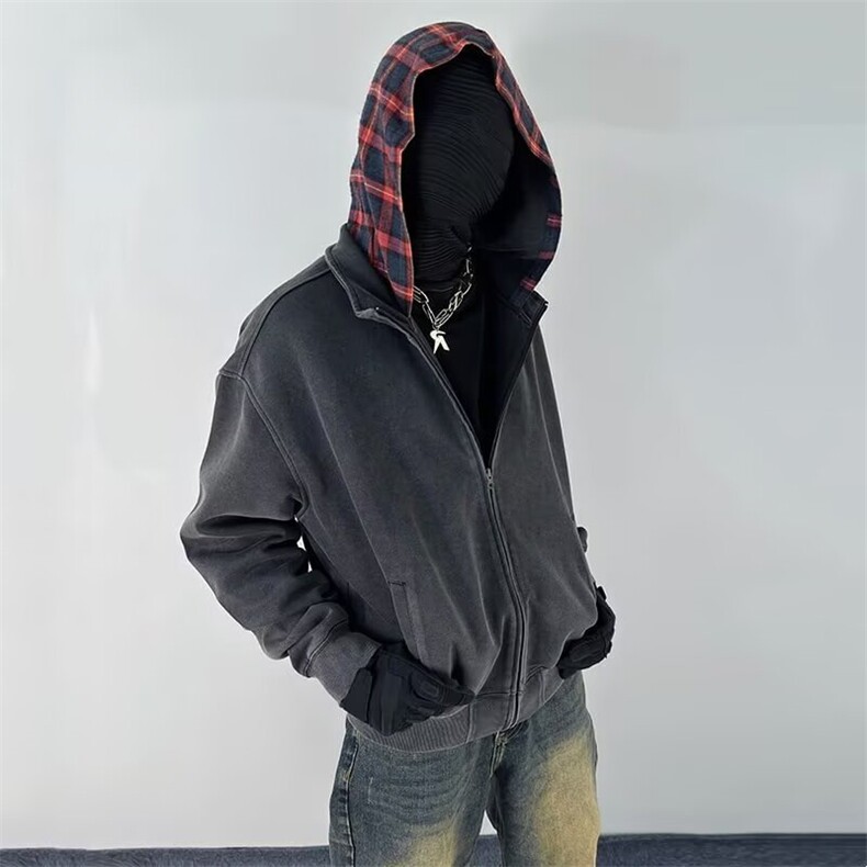 美式复古格子连帽拼接开衫卫衣男秋季潮牌,男装卫衣,星座410-7