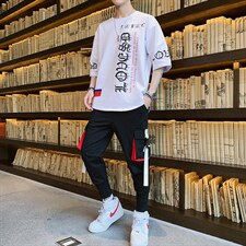 2023夏季短袖t恤男潮流帅气宽松半袖长裤套装男孩体恤F173P75，男装休闲套装，电商A086
