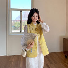 新中式国风提花两面穿马甲女春秋2025新款轻奢高级感气质立领马夹，女装马甲，纯色衣恋