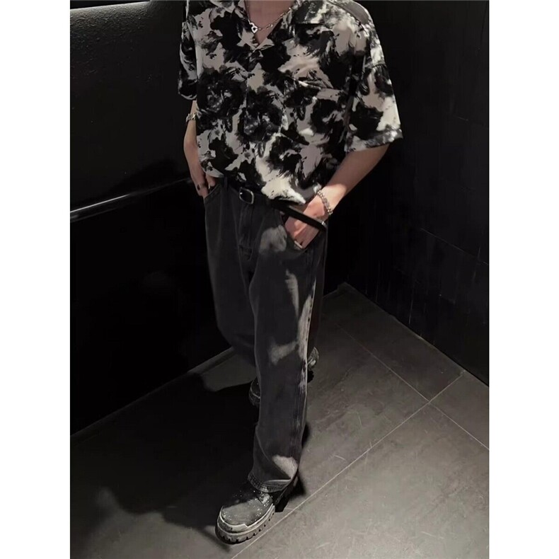 水墨复古衬衫男夏装港风学生宽松趣味男装上衣外穿CSS384P40,男装衬衫,电商D256-2(原A064-2)