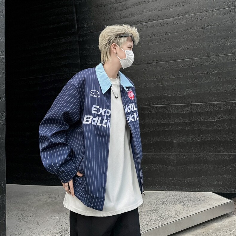 美式复古外套男女春秋宽松休闲白色条纹棒球服情侣装翻领夹克,男装夹克,星座1210-1