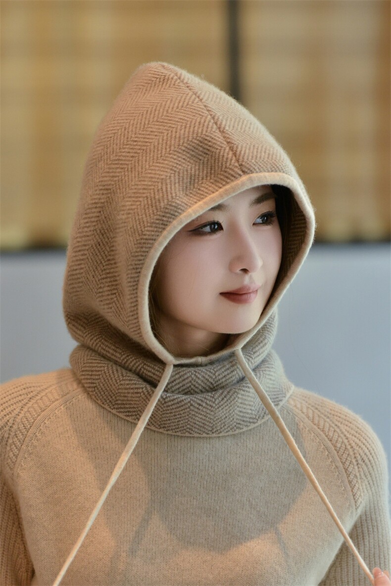 秋冬新款35%羊绒十二针高支高密四平加厚围脖一体帽,饰品帽子,蒙娇羊绒