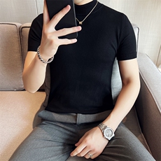 2024春夏款纯色修身半高领短袖针织毛衣打底衫男M03-p45M-4XL，男装针织衫/毛衣，电商D303