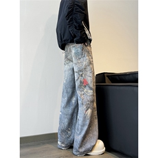 美式高街复古3D数码印花裤链条做旧泼墨宽松牛仔裤男女N00911-P75，男装牛仔裤，星座1008