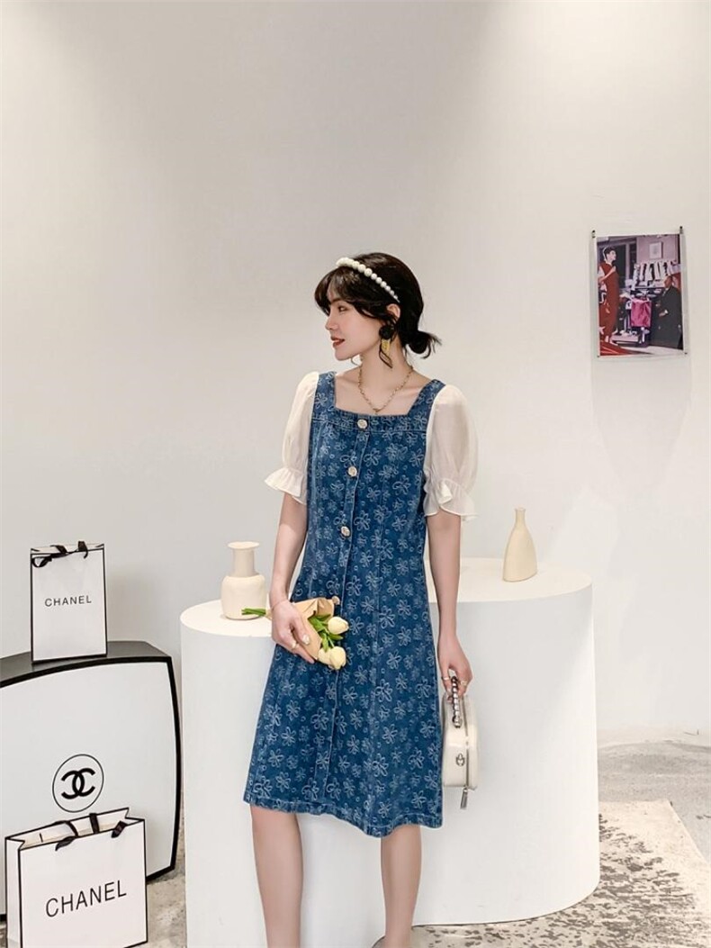 夏季新款工艺牛仔拼接连衣裙，女装连衣裙，蕃米莉
