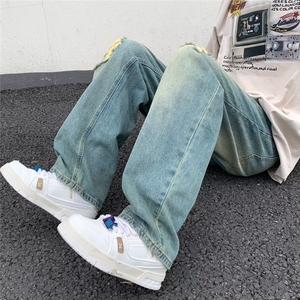 高街复古水洗做旧街头破洞牛仔裤男潮牌直筒宽松百搭XK8054-P48图片