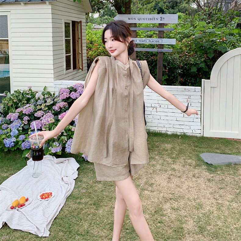卡其色气质套装女2025夏季新款轻熟风无袖衬衫短裤小个子两件套潮,女装套装/套裙,2C255