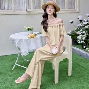现货新款气质套装女2025年夏季新款一字领衬衫阔腿长裤两件套图片