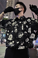 S52/P58控78夏季社会小伙不规则复古花朵垂感短袖衬衫男黑首1，男装衬衫，星座305B