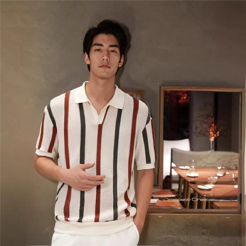 夏季条纹撞色翻领短袖t恤男士潮牌个性时尚休闲针织polo衫上衣服,男装T恤,星座506A