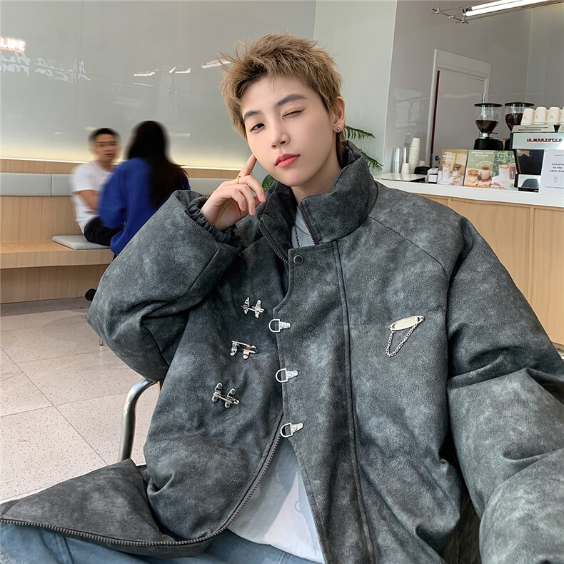 港风立领PU皮复古做旧面料金属飞机扣设计棉衣男MY77726P148控198，男装棉衣，星座227-7