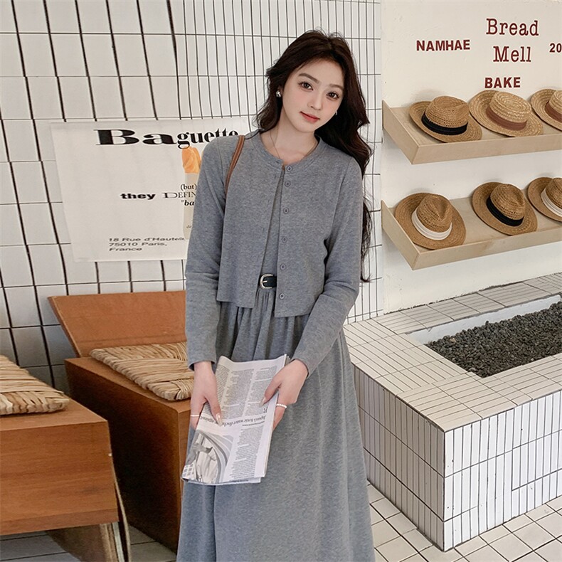 灰色针织开衫连衣裙套装女2025春季新款法式慵懒风背心长裙两件套图片