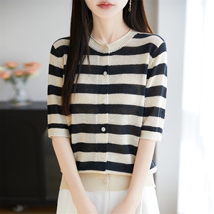 条纹天丝针织短袖开衫T恤女2025夏季新款宽松圆领薄百搭小衫上衣图片