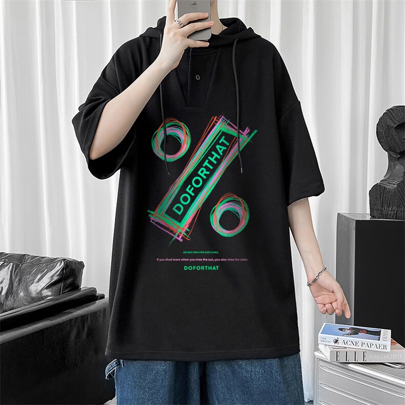 LD54171-P45 连帽短袖t恤男大码胖子带帽五分袖中袖图片