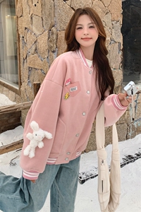 雪景 甜美粉色毛呢棒球服（玩偶可拆卸）图片
