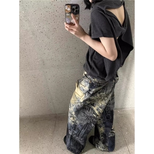 美式复古做旧破洞裤男阔腿裤脏染泼墨涂鸦牛仔长裤新款无品牌原宿图片