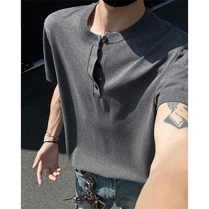 T315-批35控58 夏季亨利领冰丝针织短袖男潮牌纯色打底衫图片