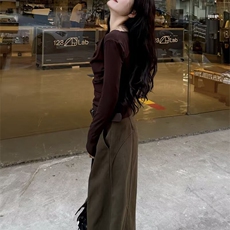 美拉德棕咖色工装弯刀牛仔裤女春季潮流水洗高腰宽松阔腿镰刀裤子，男装牛仔裤，星座1409-3
