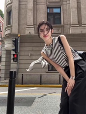 雪纺条纹无袖衫带衫，女装T恤，米咔羊绒