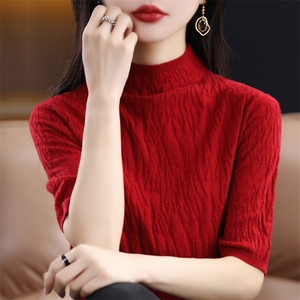 夏季新品100羊毛衫半高领五分袖针织衫女圆领短款高级感打底衫潮图片