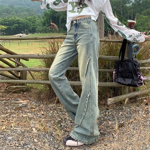 复古做旧拼接微喇裤男女宽松百搭情侣装直筒阔腿牛仔裤YD2121-P65
