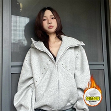 480G重磅加绒硬挺boxy男女美式高街卫衣铆钉杜宾犬耳朵开衫厚外套，女装短外套，电商A486