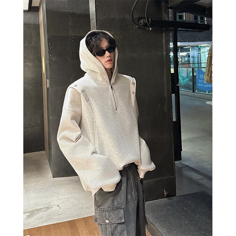 秋冬新款设计星星铆钉拉链连帽卫衣常规p75加绒p85，男装卫衣，电商B319