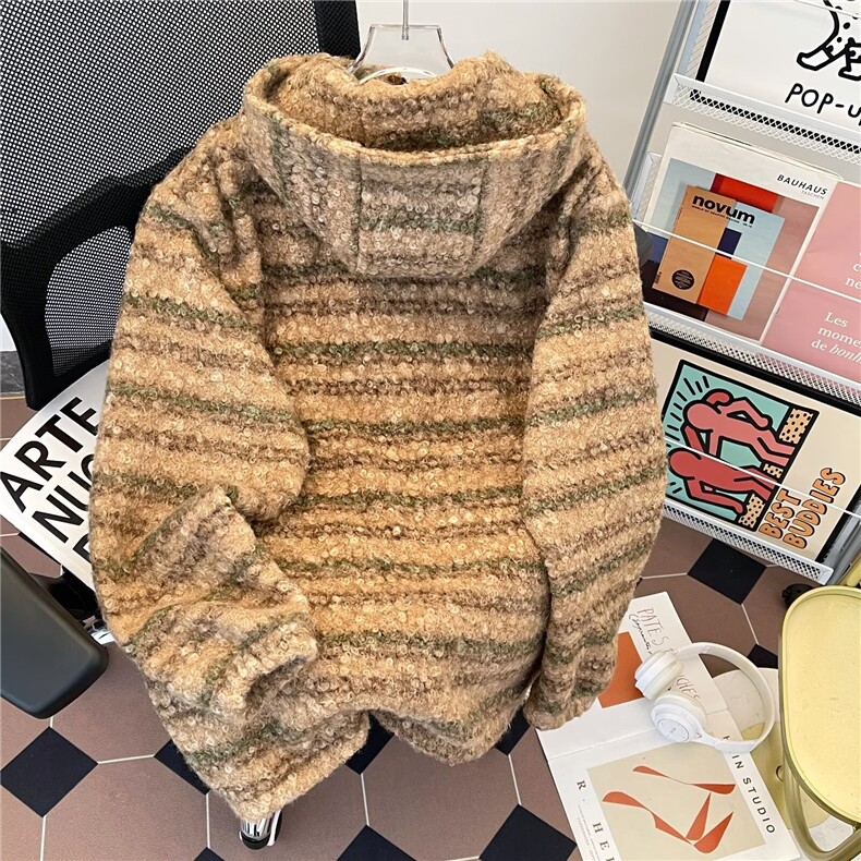 B12-P61美式复古毛呢条纹针织衫卫衣男生秋冬季保暖连帽外穿,男装针织衫/毛衣,电商B323A