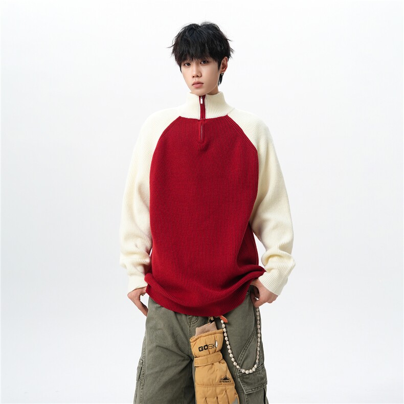 8XL-M半拉链立领毛衣外套男针织衫慵懒拼接插肩袖线衣MY19001P78，男装针织衫/毛衣，电商B312