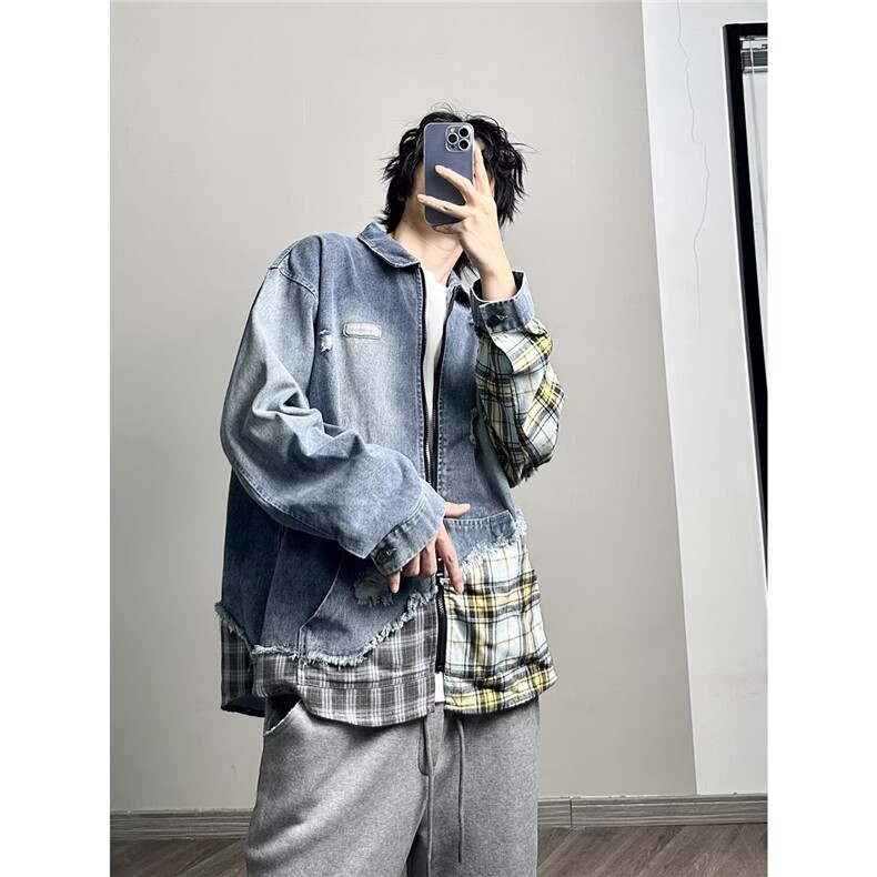 百搭不规则格子拼接破洞牛仔外套原宿气质慵懒潮流新款时尚日系,男装工装外套,四季星座505