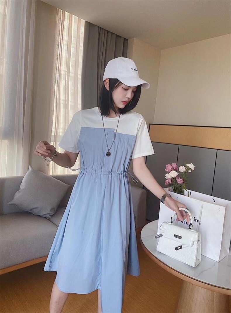 ［爱美欧］夏季新款拼接收腰连衣裙，女装连衣裙，爱美欧