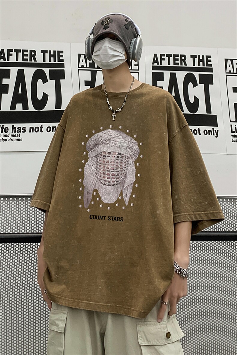 港风23新款夏季100棉印花水洗短袖宽松百搭T恤圆领T61015P45控58,男装T恤,电商A268A