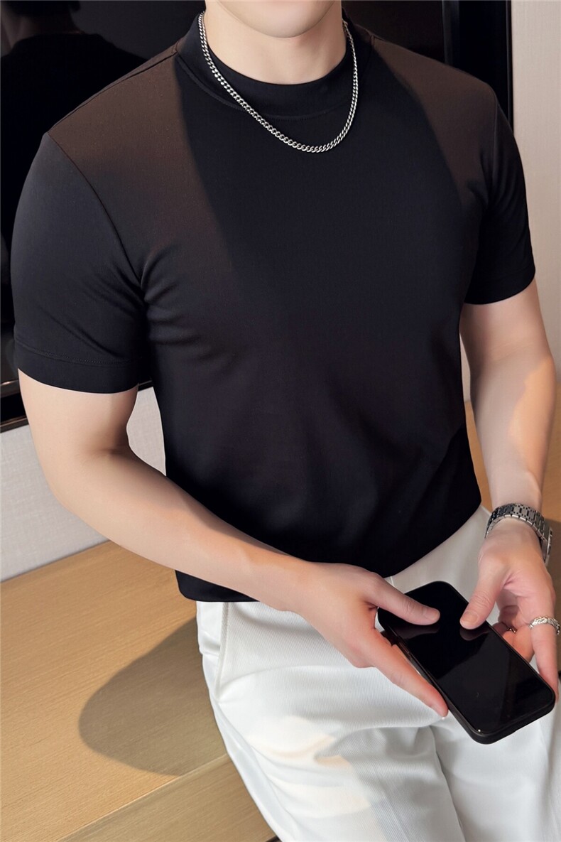 夏季新款高端男士轻奢时尚下摆拼接纯色圆领短袖打底T恤TX10P48,男装T恤,电商B276A