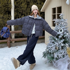 学院风格子羽绒服女2025冬新款短款翻领宽松外套加厚白鸭绒面包服，女装羽绒服，慧尚2-185