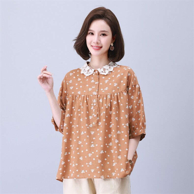 时尚宽松印花拼接上衣 甜美蕾丝领口设计 适合各种身材的女性穿着图片