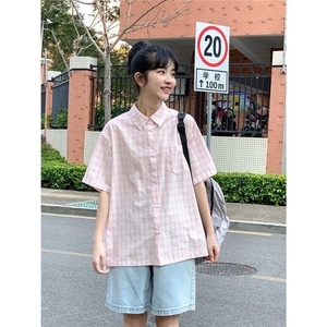 日系港风甜美粉色格子短袖衬衫男女夏季高级设计感小个子上衣外套图片