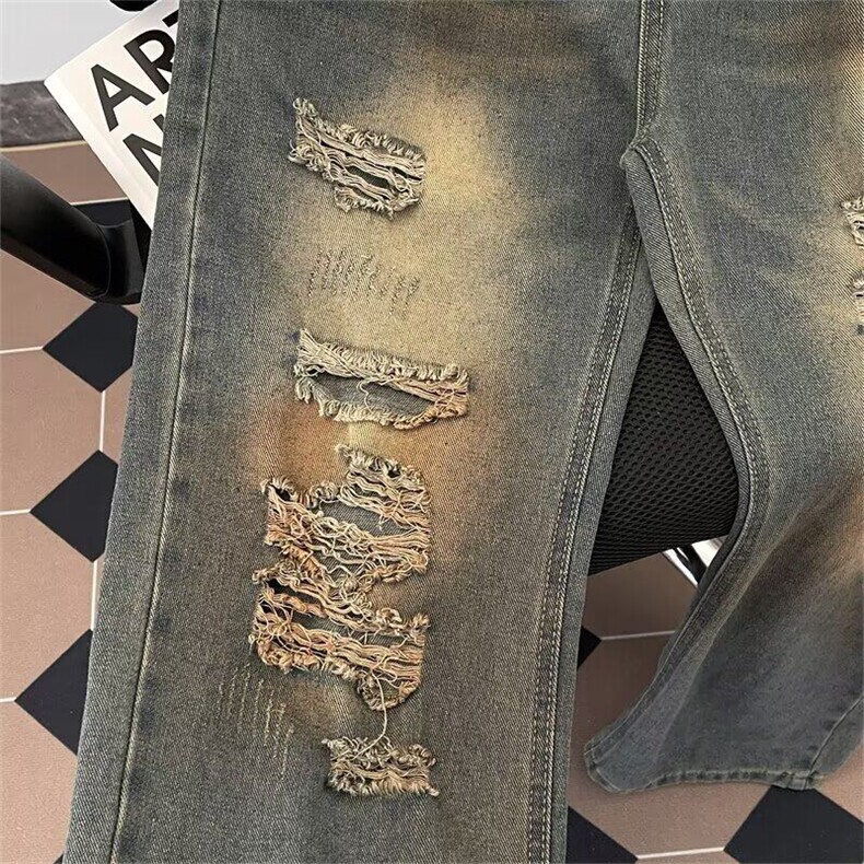 美式高街做旧脏染破洞牛仔裤男夏季高腰宽松显瘦直筒阔腿裤子,男装牛仔裤,星座410-6（原星座1304-1）