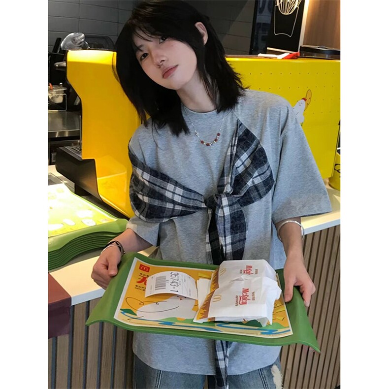 拼接格子布装饰高品质260克双纱纯棉美式高街短袖T恤特P35,男装T恤,电商A486-1