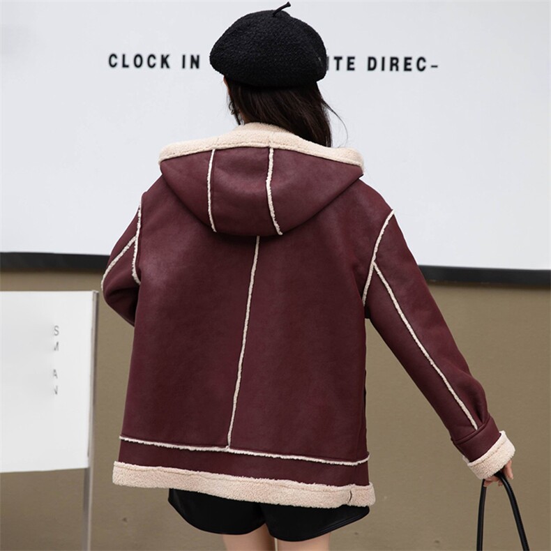高品质连帽仿羊羔毛外套女冬2024时尚休闲加绒加厚皮毛一体中长款,女装羊羔毛/颗粒绒,江南女神