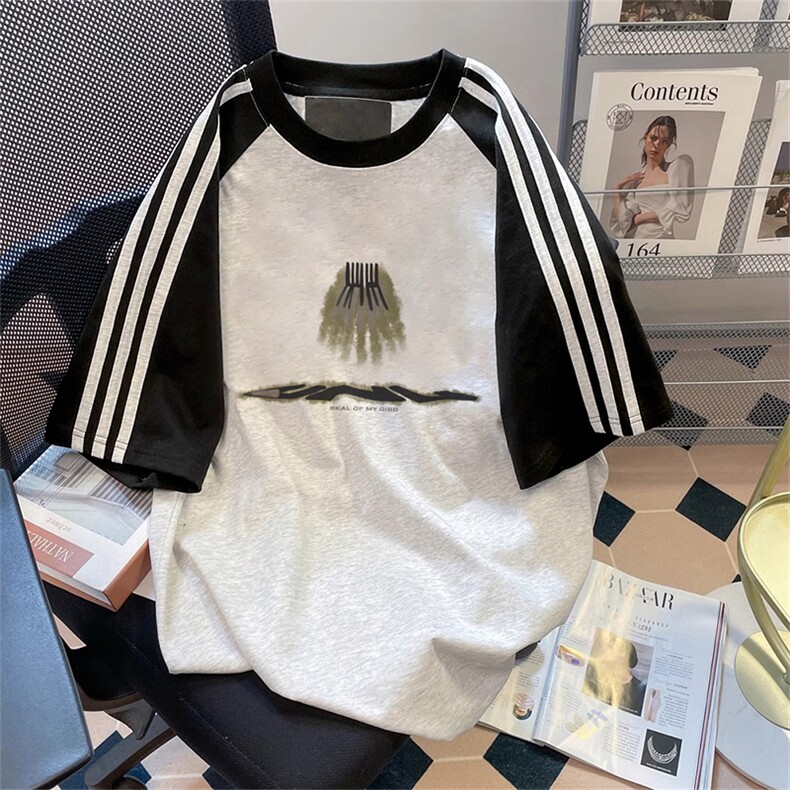 夏季美式高街重磅纯棉三条杠织带插肩撞色男女短袖T恤CZ118-特P25图片