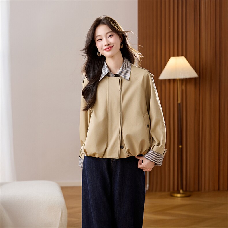 假两件条纹拼接短款风衣外套女2025秋季新款气质百搭显瘦夹克上衣,女装风衣,维一诺（1D095）