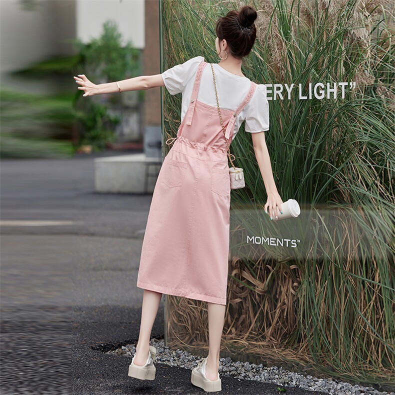 粉色夏季背带裙洋气减龄套装2024新款女薄款工装背带连衣裙两件套,女装套装/套裙,慧尚依恋