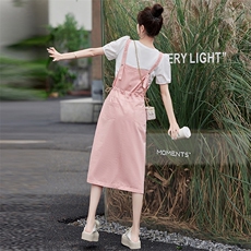 粉色夏季背带裙洋气减龄套装2024新款女薄款工装背带连衣裙两件套，女装套装/套裙，慧尚依恋