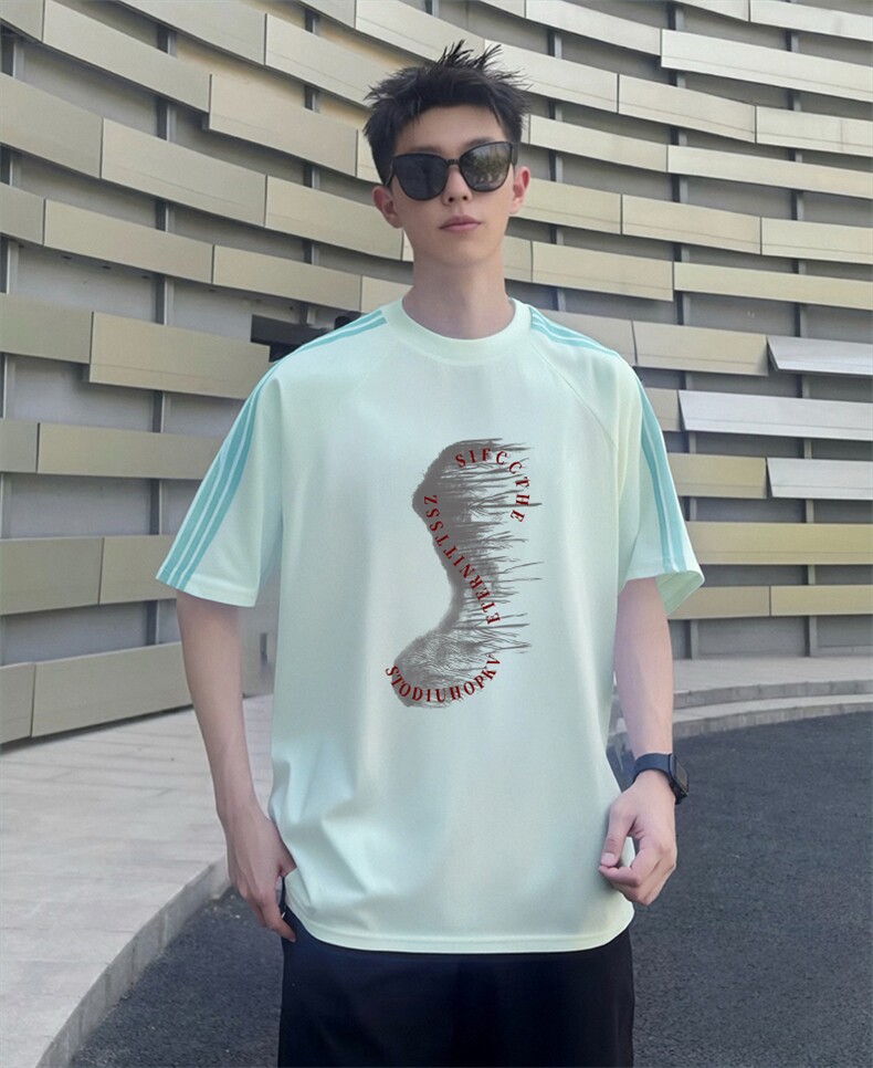 抖音得物品质二开240克宽松纯棉美式潮牌印花三条杠中性风短袖T恤,男装T恤,电商A486