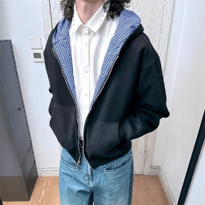 抖音得物高品质二开26春季美式潮牌两面穿连帽卫衣开衫男女外套,女装短外套,电商A486