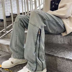 水洗微喇牛仔裤男设计感拉链长裤美式高街vibe直筒裤N81022-p55图片