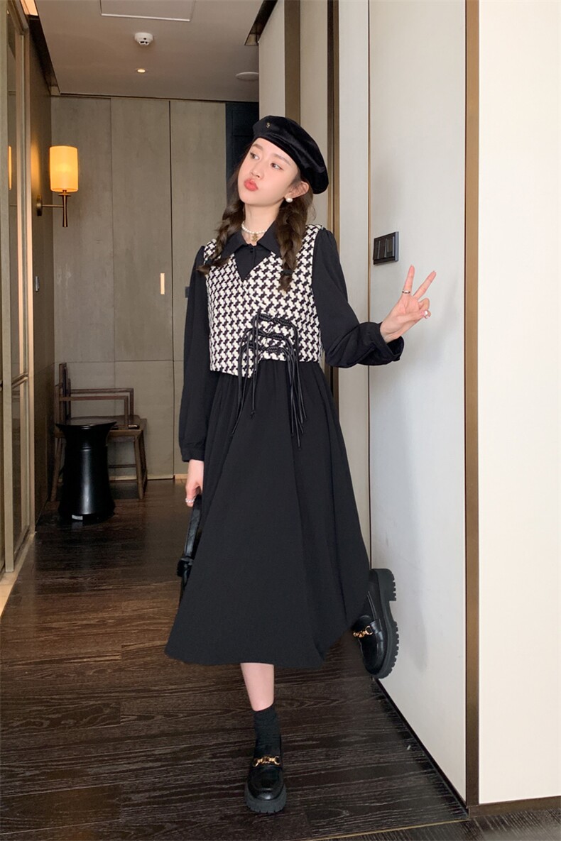 新中式国风千鸟格马甲套装女2025春秋新款收腰显瘦衬衫长裙两件套,女装连衣裙,菡迪欧娜