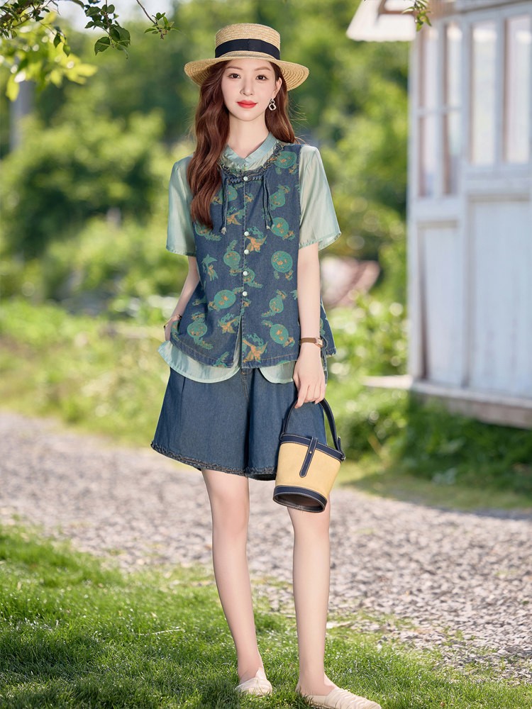 新中式国风复古印花牛仔三件套女2025夏新款洋气减龄马甲短裤套装,女装套装/套裙,欣品汇